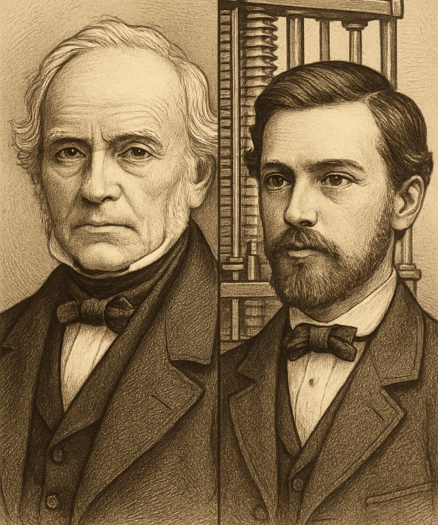 Stylised illustrations of Per Georg Scheutz and Edvard Scheutz by Manus