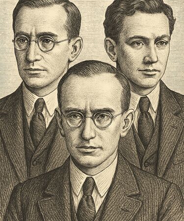 Stylised illustrations of Marian Rejewski, Jerzy Różycki and Henryk Zygalski by Manus